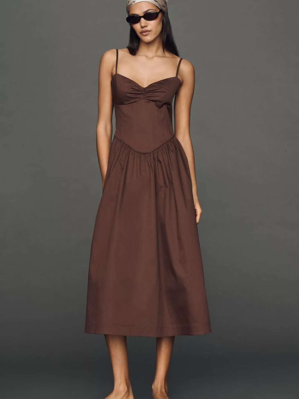 Mare Mare 100% Cotton Sweetheart Corset A-line Midi Dress in XS, brown